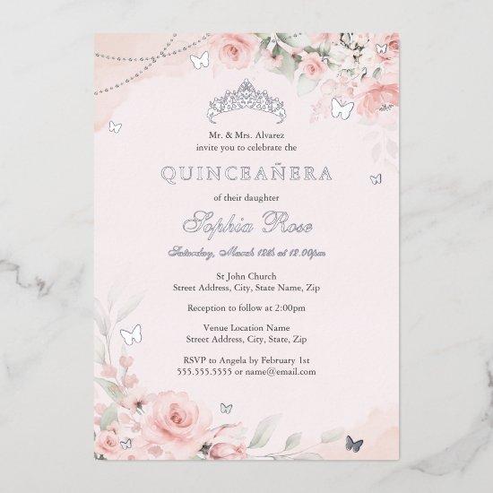 Blush Pink Soft Rose Butterfly Silver Quinceanera Foil