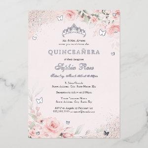 Blush Pink Soft Rose Butterfly Silver Quinceanera Foil