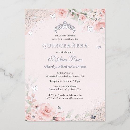 Blush Pink Soft Rose Butterfly Silver Quinceanera Foil