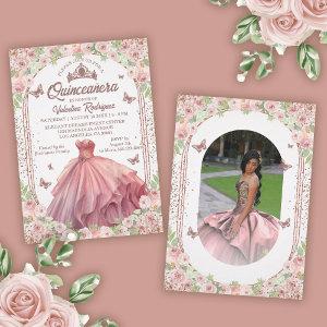 Blush Pink Watercolor Floral Glitter Quinceanera