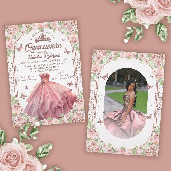 Blush Pink Watercolor Floral Glitter Quinceanera
