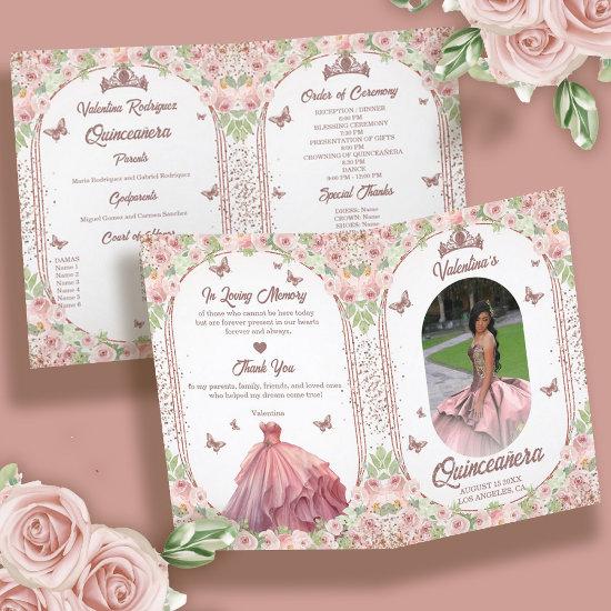 Blush Pink Watercolor Floral Glitter Quinceanera Program