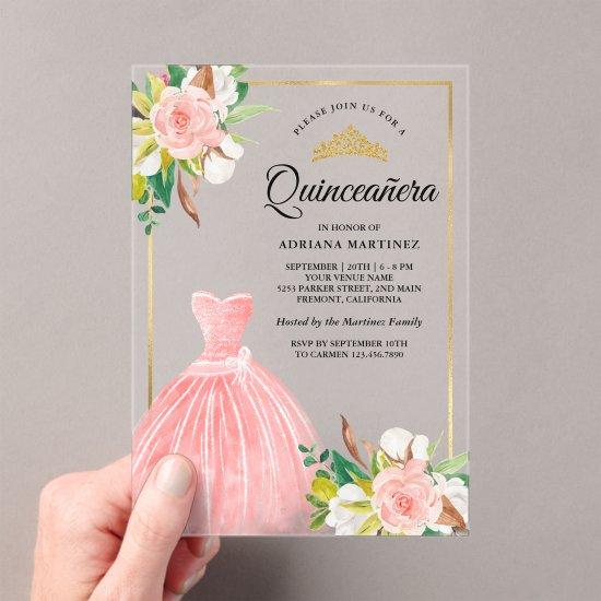Blush Pink Watercolor Floral Gown Gold Quinceanera Acrylic