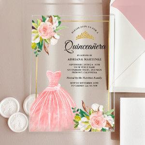 Blush Pink Watercolor Floral Gown Gold Quinceanera Acrylic