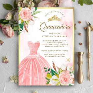 Blush Pink Watercolor Floral Gown Gold Quinceanera