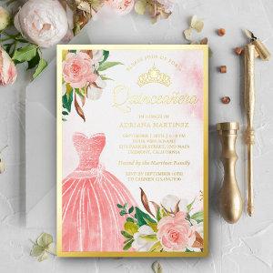 Blush Pink Watercolor Floral Gown Quinceanera Gold Foil