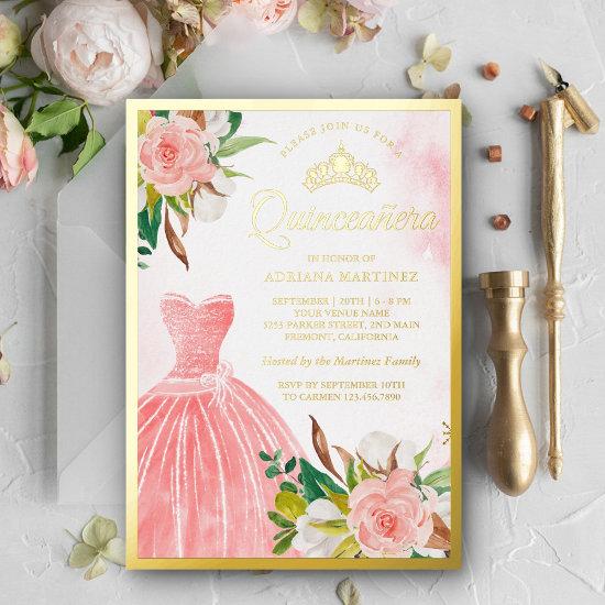 Blush Pink Watercolor Floral Gown Quinceanera Gold Foil
