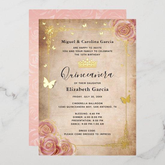 Blush Pink Watercolor Rose Gold Quinceañera Foil