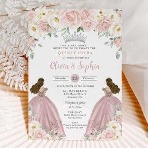 Blush Pink White Floral Twin Girls Quinceañera XV