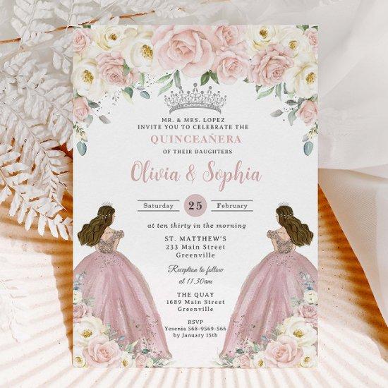 Blush Pink White Floral Twin Girls Quinceañera XV