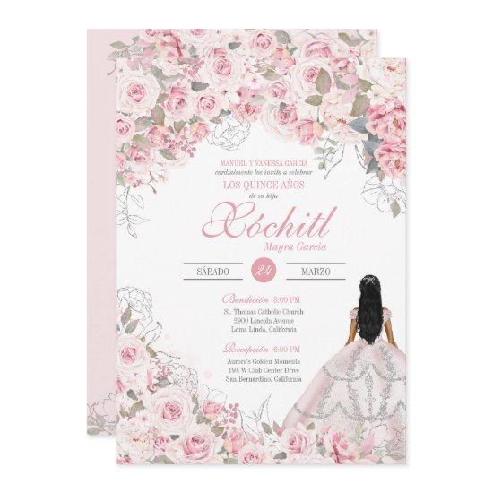 Blush Pink with Silver Blossom Rose Quinceanera