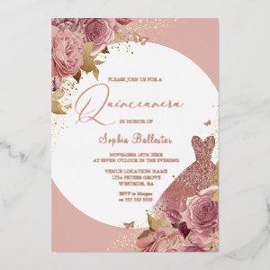 Blush Quinceanera Flowers & Dress Rose Gold Script Foil