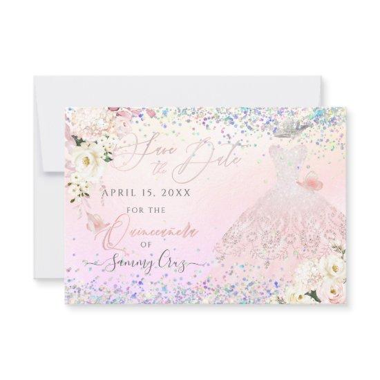 Blush Quinceanera Save Date Holographic Confetti I