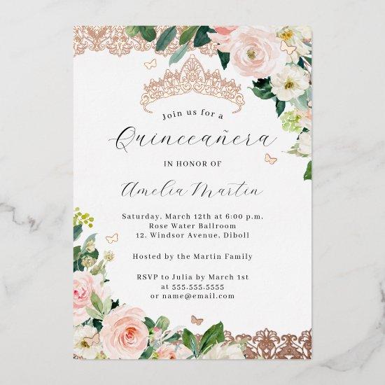 Blush Rose Gold Floral Lace Quinceanera   Foil