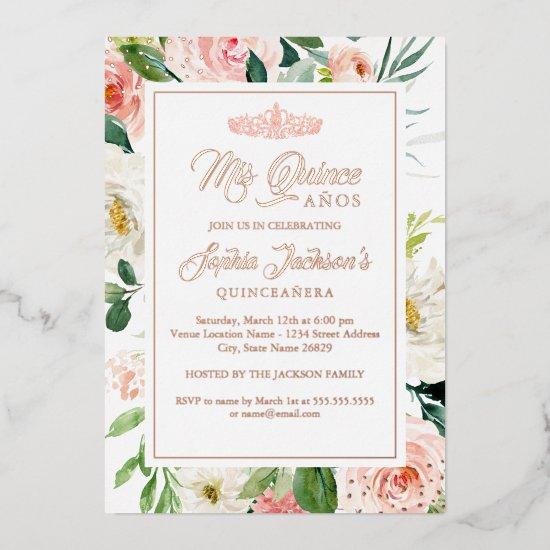 Blush Rose Gold Watercolor Floral Quinceanera Foil