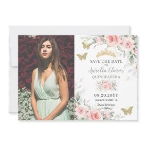 Blush Sage Green Floral Butterflies Quinceañera Save The Date
