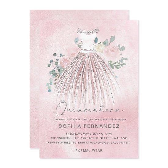 Blush Silver glitter Floral Dress Quinceañera