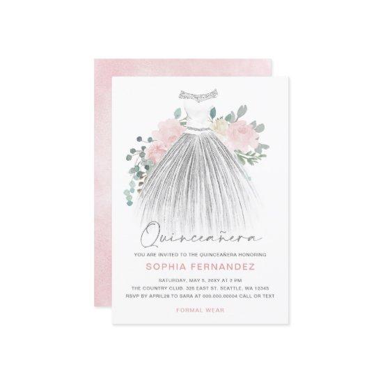 Blush Silver glitter Floral Dress Quinceañera