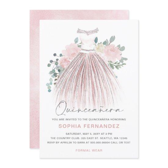 Blush Silver glitter Floral Dress Quinceañera