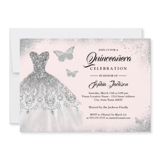 Blush Silver Sparkle Dress Butterfly Quinceanera
