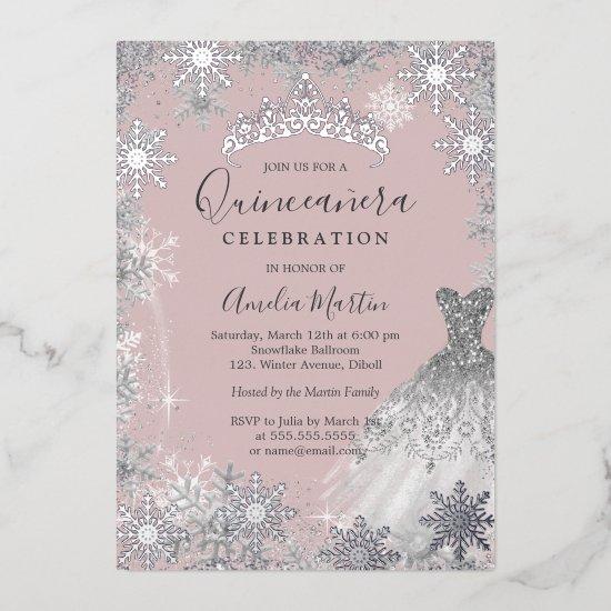 Blush Silver Winter Snowflake Quinceanera  Foil