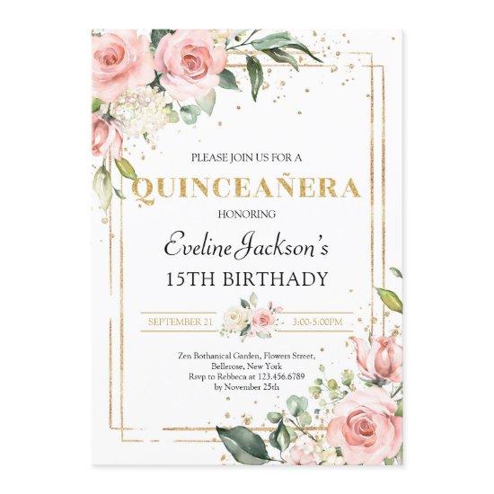 Blush spring pink floral gold glitter quinceanera