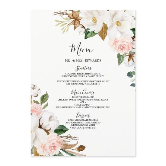 Blush White Floral Wedding or Rehearsal Dinner Menu