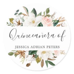 Blush & White Flowers Quinceanera Party Favor Classic Round Sticker