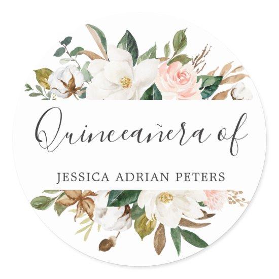 Blush & White Flowers Quinceanera Party Favor Classic Round Sticker