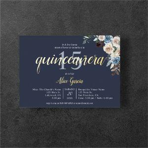 Boho Blue Flowers Dried Leaves Quinceanera Foil