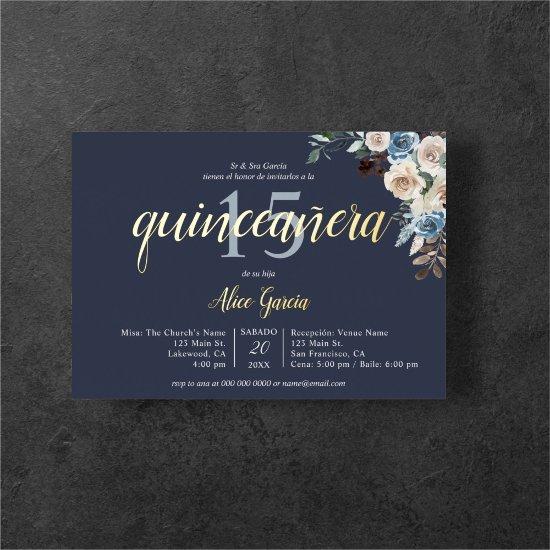 Boho Blue Flowers Dried Leaves Quinceanera Foil