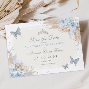 Boho Blue Silver Floral Quinceanera Save the Date Announcement