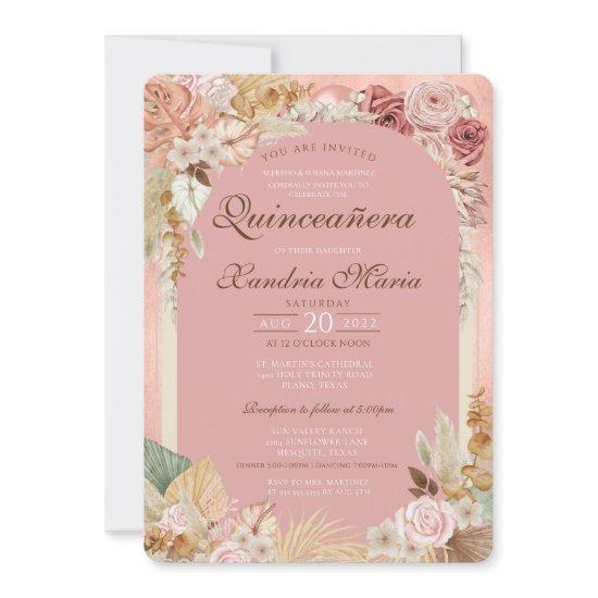Boho Blush Beige Dried Rose Floral Quinceanera