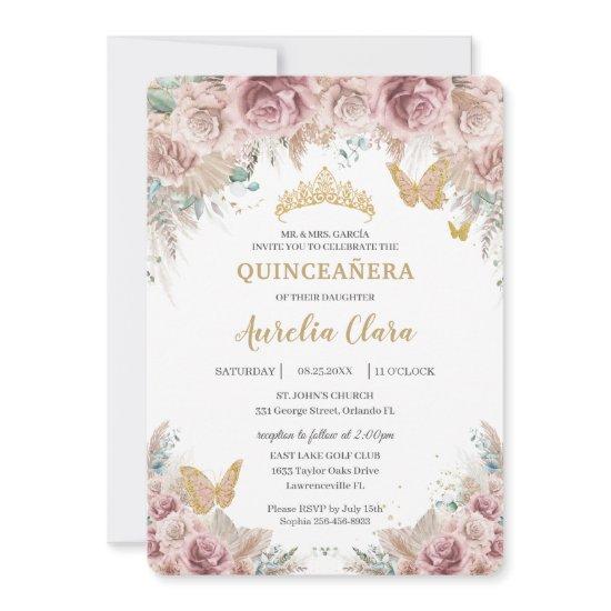 Boho Blush Dusty Rose Floral Pampas Quinceañera