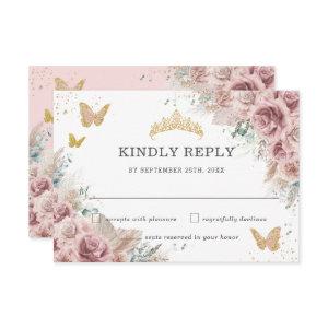 Boho Blush Dusty Rose Floral Pampas Quinceanera  RSVP Card