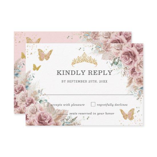 Boho Blush Dusty Rose Floral Pampas Quinceanera  RSVP Card