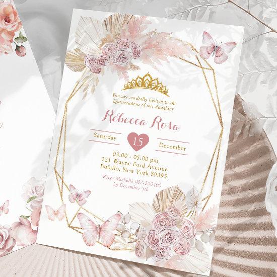 Boho Blush Pink Butterfly Geoemtric Quinceañera