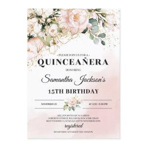 Boho blush pink floral gold leaves quinceanera