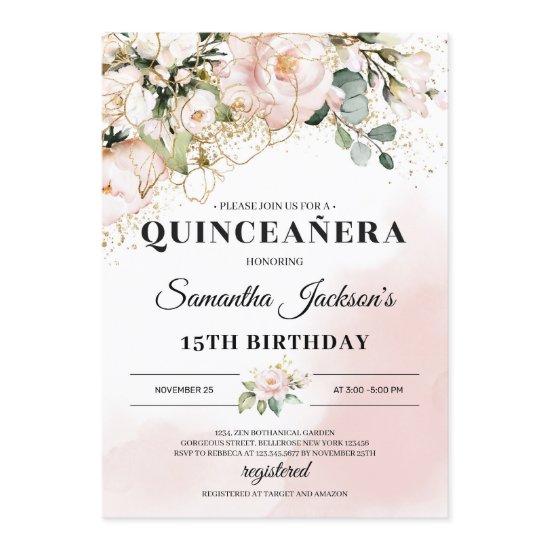 Boho blush pink floral gold leaves quinceanera