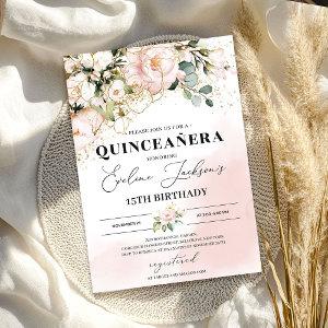 Boho blush pink floral gold leaves quinceanera
