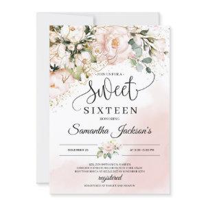 Boho blush pink floral gold leaves sweet sixteen