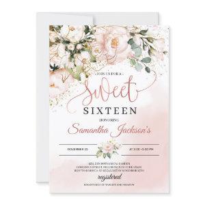 Boho blush pink floral gold leaves sweet sixteen