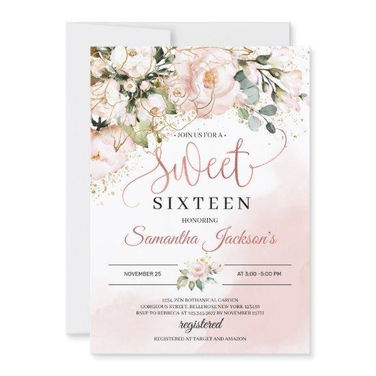 Boho blush pink floral gold leaves sweet sixteen