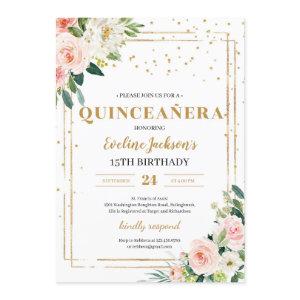 Boho blush pink floral gold sparkles quinceanera