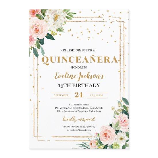 Boho blush pink floral gold sparkles quinceanera