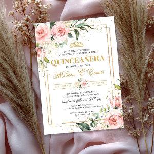 Boho Blush pink floral gold tiara quinceanera
