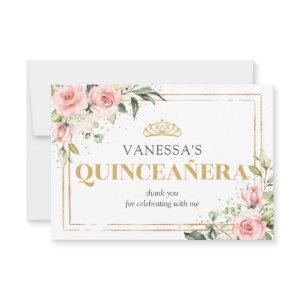 Boho blush pink roses gold tiara 15th Birthday Thank You Card