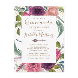 Boho Burgundy Blush Pink Floral Quinceañera Postcard