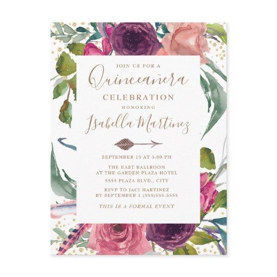 Boho Burgundy Blush Pink Floral Quinceañera Postcard