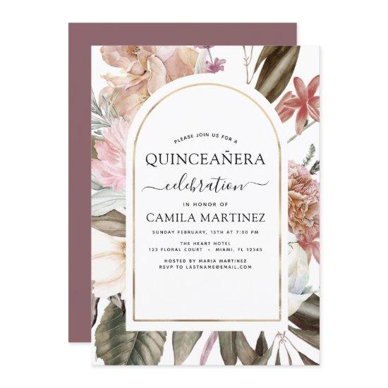 Boho Burgundy Quinceañera Dusty Pink Floral  Invit